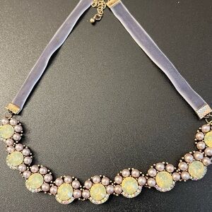 Faux Pearl & Pale Yellow Prong Set Crystal Rhinestone Gray Velvet Cord Choker